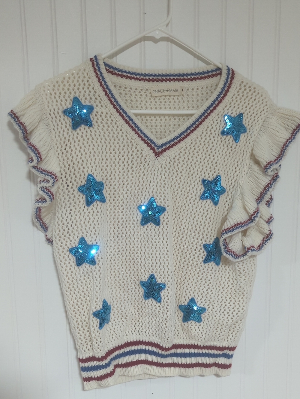 Grace & Emma Cream Knit Top with Blue Sequin Stars